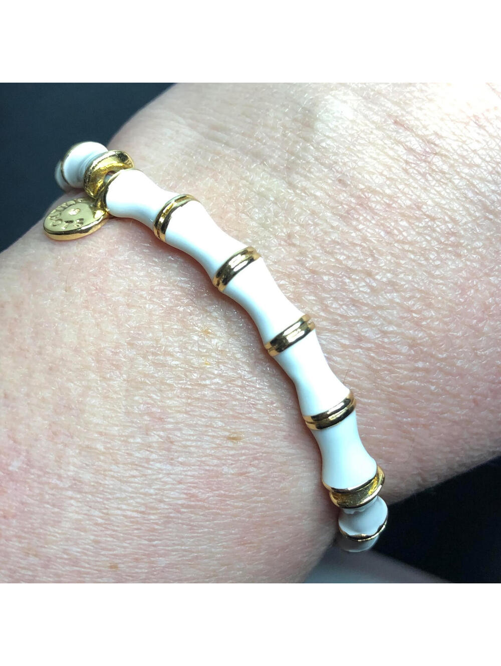 3963 J.Crew  Bamboo white goldtone stretch Bracelet 7"